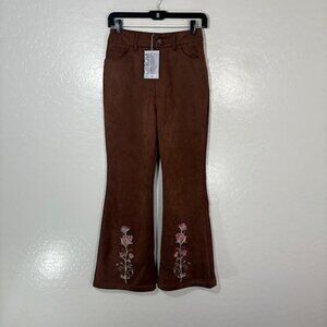 OYROSY Pants Womens Small Brown Floral Embroidered Flare Leg Rose Boho Casual